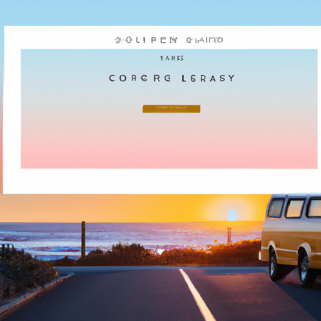 A coastal road with pastel sky and a camper van at sunset